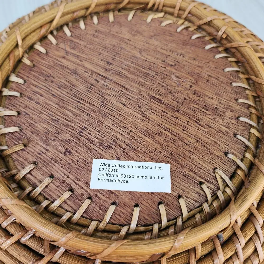 Boho Wicker Woven Fruit Basket United Wood Base Wide Oval Serving Storage 13x5
